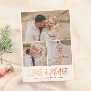 Real Foil   Love & Peace 3 Photo Christmas  Holiday Card