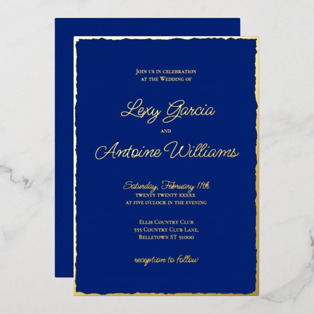 Real Foil Luxe Gold Edge Royal Blue Invitation (Front/Back)