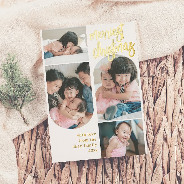 Real Foil | Merriest Christmas Arch 4 Photo  Foil Holiday Card (Creator Uploaded)