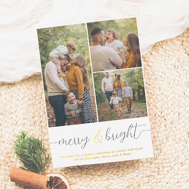 Real Foil | Merry & Bright 3 Photo Christmas Holiday Card (Creator Uploaded)