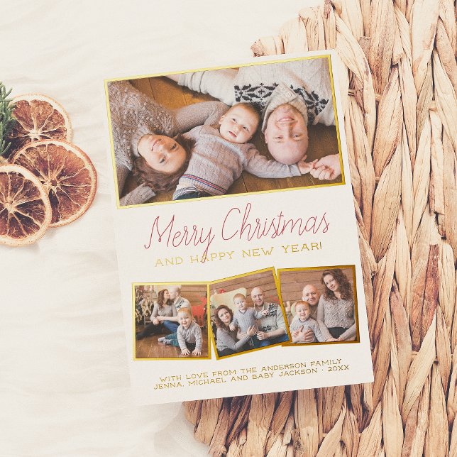 Real Foil | Merry Christmas Modern Script 4 Photo  Foil Holiday Card (Creator Uploaded)