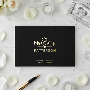 Real Foil Mr & Mrs Personalised Name Black Wedding Guest Book