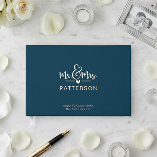Real Foil Mr & Mrs Personalised Name Blue Wedding Guest Book