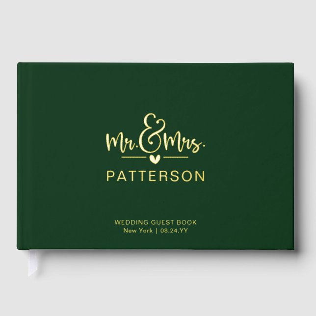 Real Foil Mr & Mrs Personalised Name Green Wedding Guest Book (Front)
