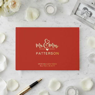 Real Foil Mr & Mrs Personalised Name Red Wedding Guest Book