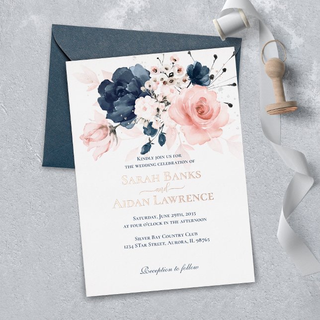 Real Foil Navy Blue and Blush Pink floral wedding  (Creator Uploaded)