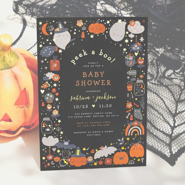 Real Foil | Peak A Boo Cute Halloween Baby Shower Invitation Postcard (Creator Uploaded)