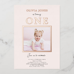 Real Foil, Photo 1st Birthday invitation in pink
