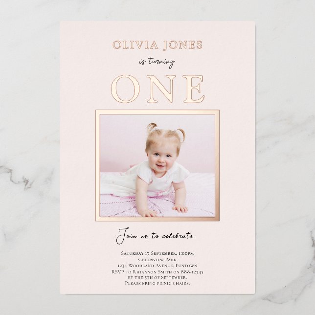 Real Foil, Photo 1st Birthday invitation in pink (Front)