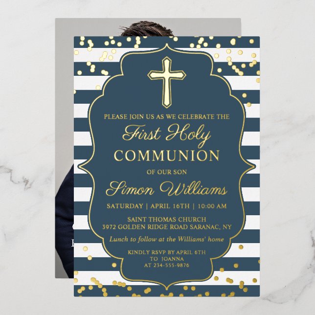 Real Foil Photo Gold Blue Stripes First Communion (Front/Back)