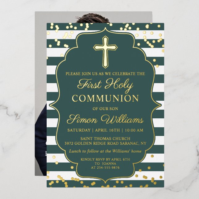 Real Foil Photo Gold Green Stripes First Communion (Front/Back)