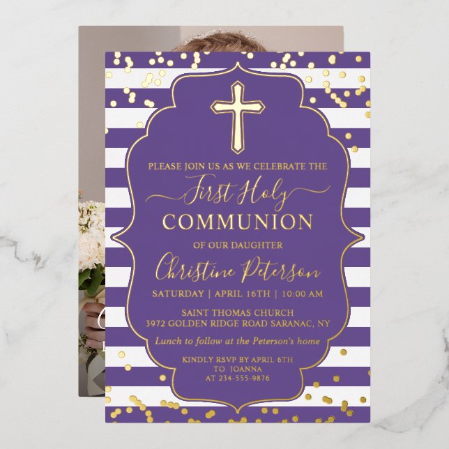 Real Foil Photo Gold Purple Stripe First Communion (Front/Back)