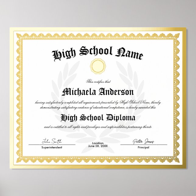REAL FOIL Replica High School Graduate Certificate Prints (Front)