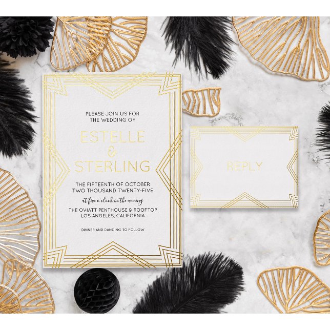 Real Foil RSVP Art Deco Geometric Gold Foil Meal  Foil Invitation Postcard (Creator Uploaded)