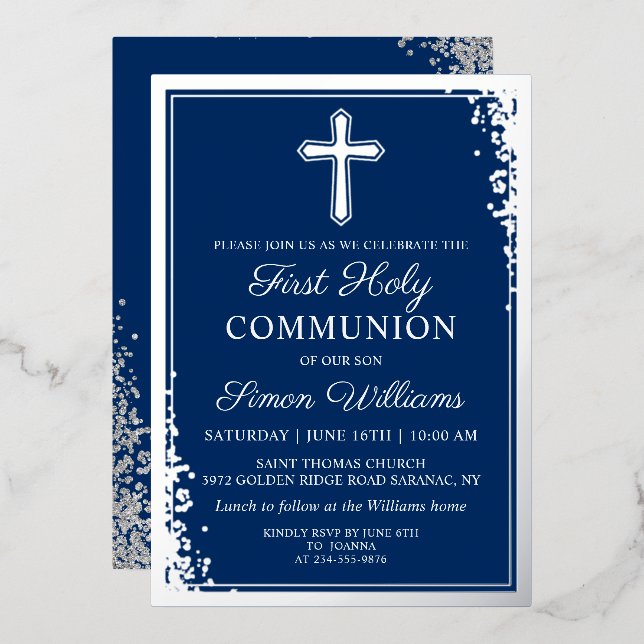 Real Foil Silver Glitter Navy Blue First Communion (Front/Back)