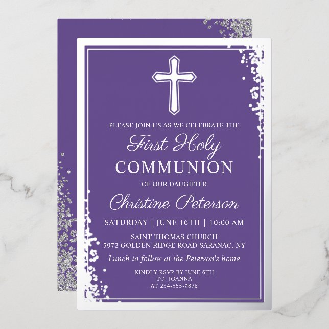 Real Foil Silver Lavender Purple First Communion (Front/Back)