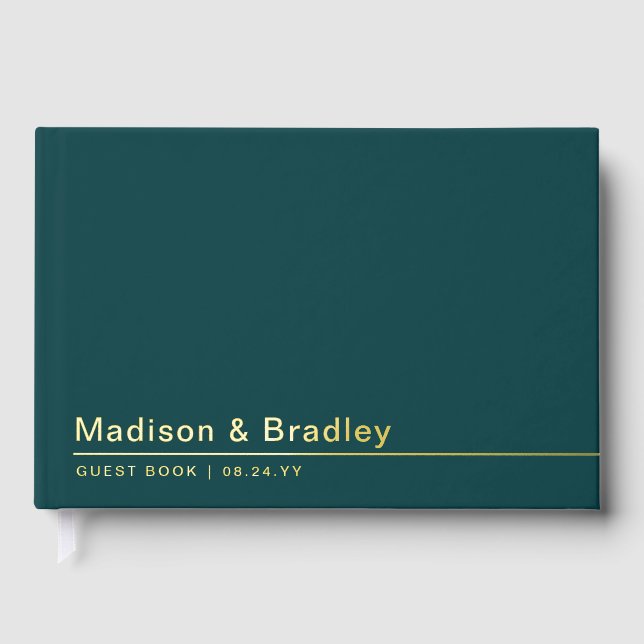 Real Foil Simple Modern Gold Script Wedding Guest Book (Front)