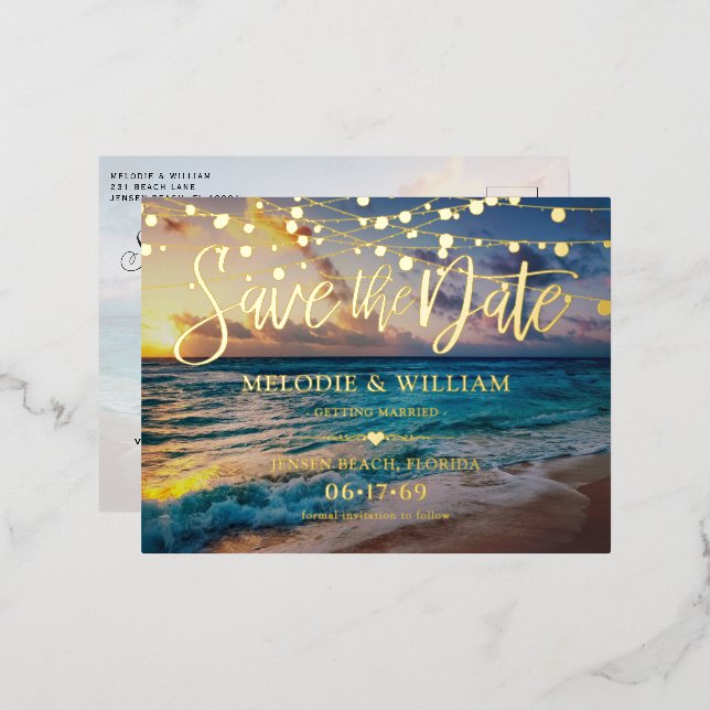 Real Foil Tropical Beach Save the Date Postcard (Front/Back)