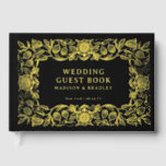 Real Foil Vintage Floral Black Gold Wedding Guest Book<br><div class="desc">Real Foil Vintage Floral Black Gold Wedding Guest Book features a vintage flower frame border in gold foil script with your names,  location and wedding date on a black background. Add your custom text on the spine of the guest book. Created by Evco Studio www.zazzle.com/store/evcostudio</div>