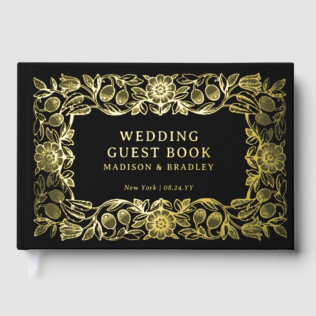 Real Foil Vintage Floral Black Gold Wedding Guest Book (Front)