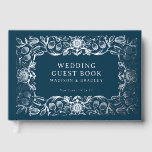Real Foil Vintage Floral Blue Wedding Guest Book<br><div class="desc">Real Foil Vintage Floral Blue Wedding Guest Book features a vintage flower frame border in silver foil script with your names,  location and wedding date on a blue background. Add your custom text on the spine of the guest book. Created by Evco Studio www.zazzle.com/store/evcostudio</div>