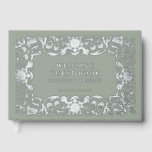 Real Foil Vintage Floral Green Wedding Guest Book<br><div class="desc">Real Foil Vintage Floral Green Wedding Guest Book features a vintage flower frame border in silver foil script with your names,  location and wedding date on a green background. Add your custom text on the spine of the guest book. Created by Evco Studio www.zazzle.com/store/evcostudio</div>