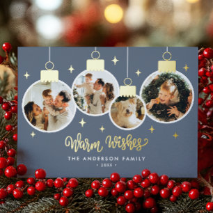 *REAL FOIL* Warm Wishes 4 Ornament Photos Foil Holiday Card