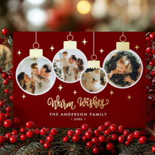 *REAL FOIL* Warm Wishes 4 Ornament Photos Foil Holiday Card
