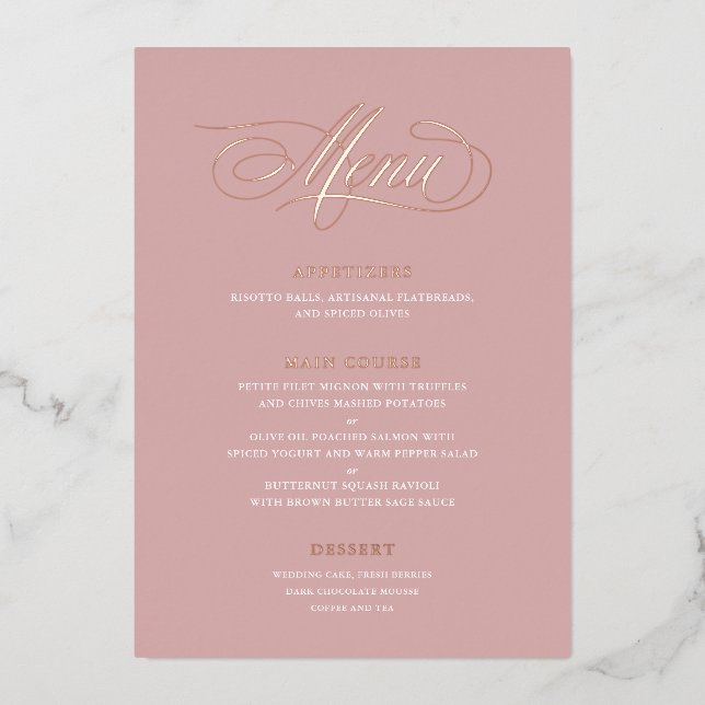 Real Foil Wedding Menu Classic Script Calligraphy (Front)