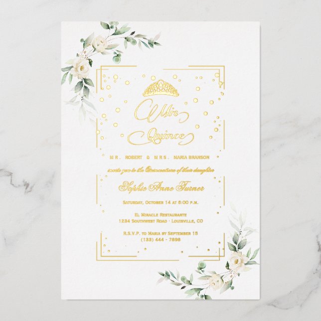 REAL FOIL  White Floral Mis Quince Quinceañera  (Front)