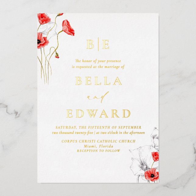 Real Gold Chic Poppy Red Wildflowers Wedding  (Front)