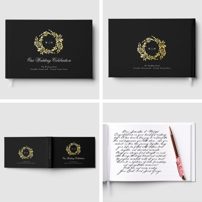 Real Gold Classic Elegant Wreath Wedding Guest Book (Creator Uploaded)