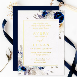 Real Gold Elegant Blue Flowers Wedding Foil