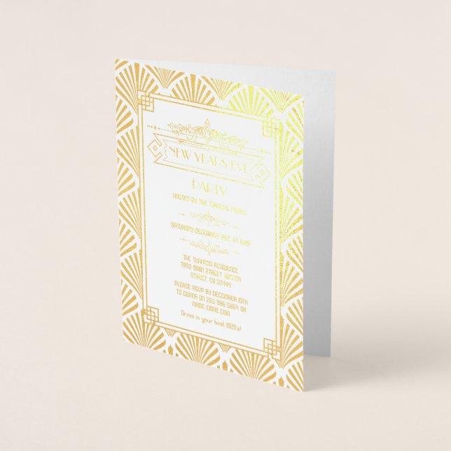 Real Gold Foil Art Deco New Year's Eve Party Foil Card (Front)