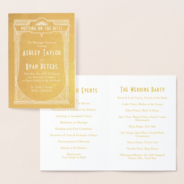 Real Gold Foil Art Deco Wedding Program Foil Card (Display)