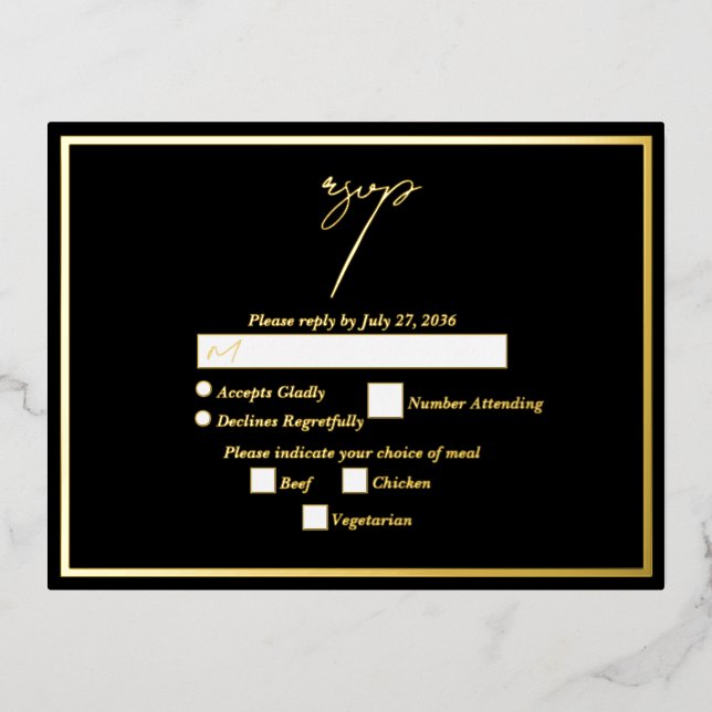 Real Gold Foil Black & Gold Wedding RSVP Foil Invitation Postcard (Front)