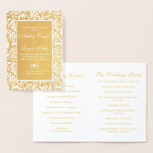 Real Gold Foil Damask Floral Wedding Program Card