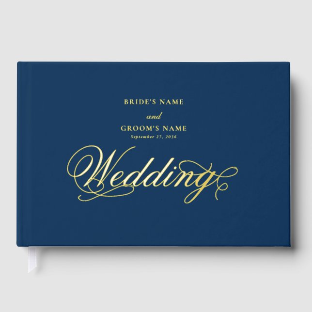 Real Gold Foil Elegant Classy Luxury Blue Wedding Guest Book (Front)