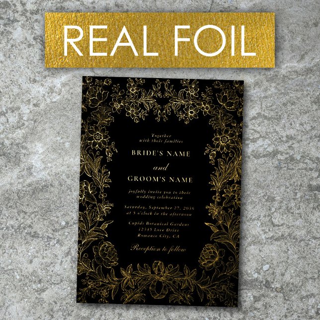 Real Gold Foil Elegant Floral Black Gold Wedding (Real Gold Foil Elegant Floral Black Gold Wedding Foil Invitation)