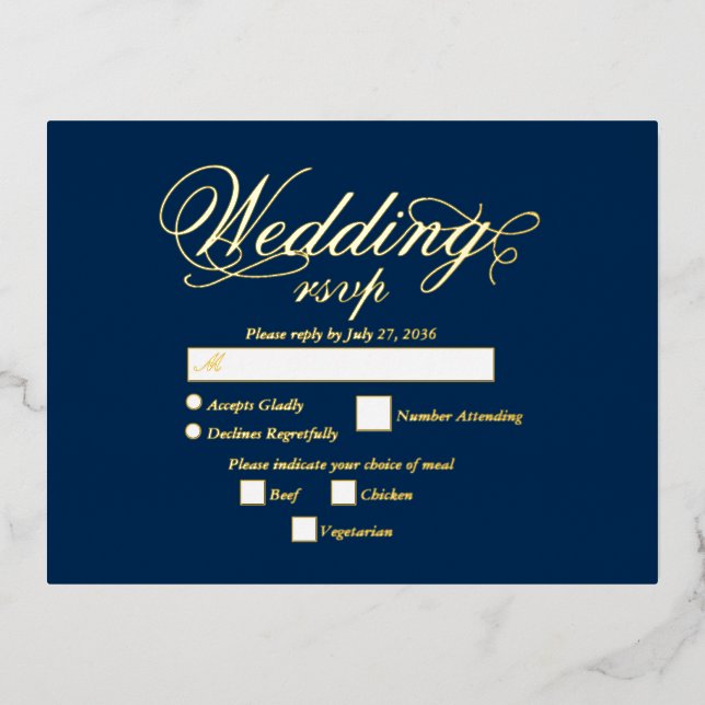 Real Gold Foil Elegant Luxury Blue Wedding RSVP Foil Invitation Postcard (Front)