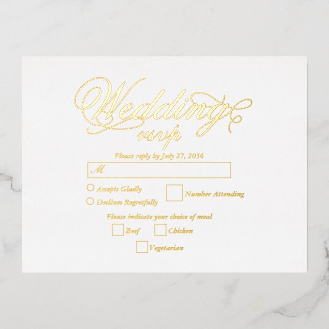 Real Gold Foil Elegant Luxury White Wedding RSVP Invitation Postcard (Front)