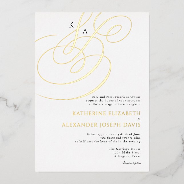 Real Gold Foil Elegant Monogram Wedding  (Front)