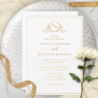Real Gold Foil Elegant Monogram Wreath Wedding