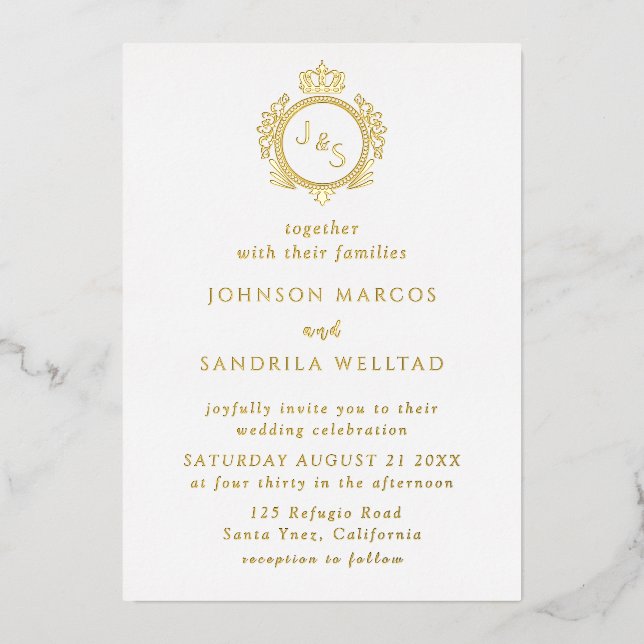 Real Gold Foil Elegant Wreath Monogram Wedding Foi (Front)