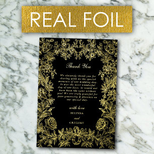 Real Gold Foil Floral Black Wedding Thank You