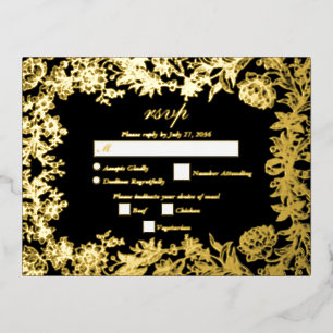 Real Gold Foil Floral Botanical Black Wedding RSVP Invitation Postcard