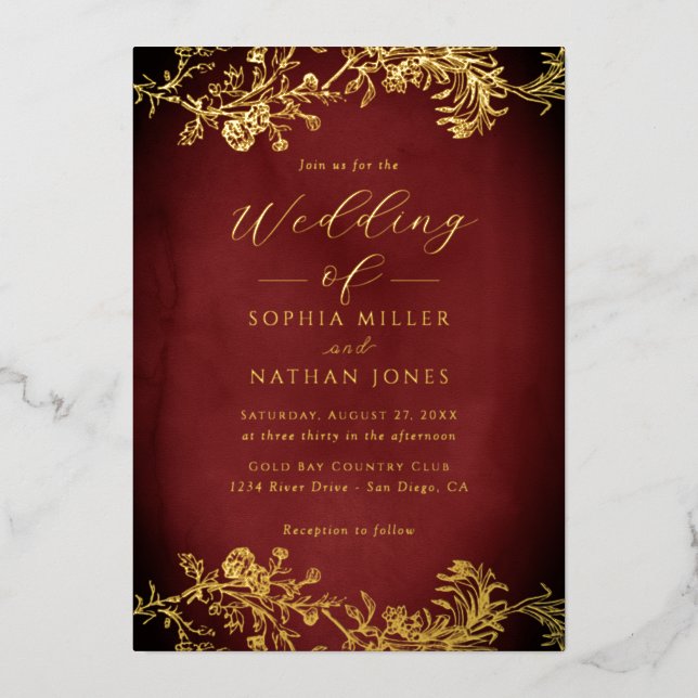 Real Gold Foil Floral Lace Script Red Wedding  (Front)