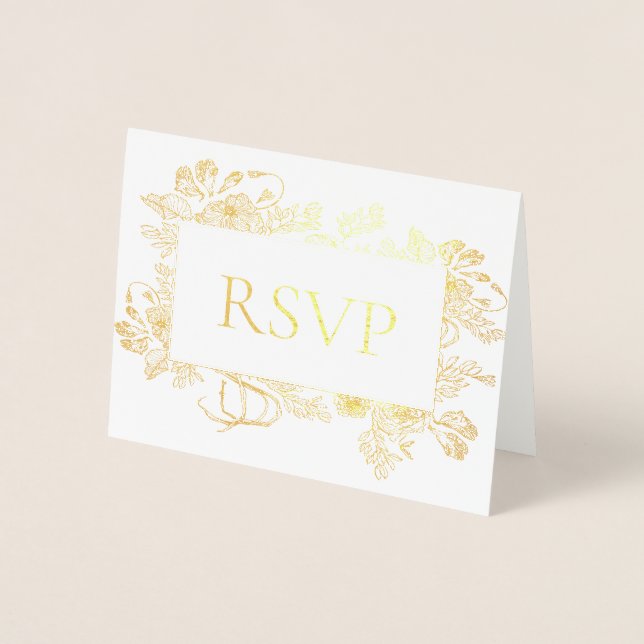 Real Gold Foil Floral Line Art Wedding RSVP Foil C Card (Front)