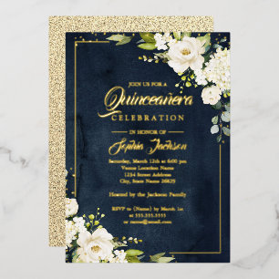 REAL GOLD FOIL Floral Navy Gold Quinceanera