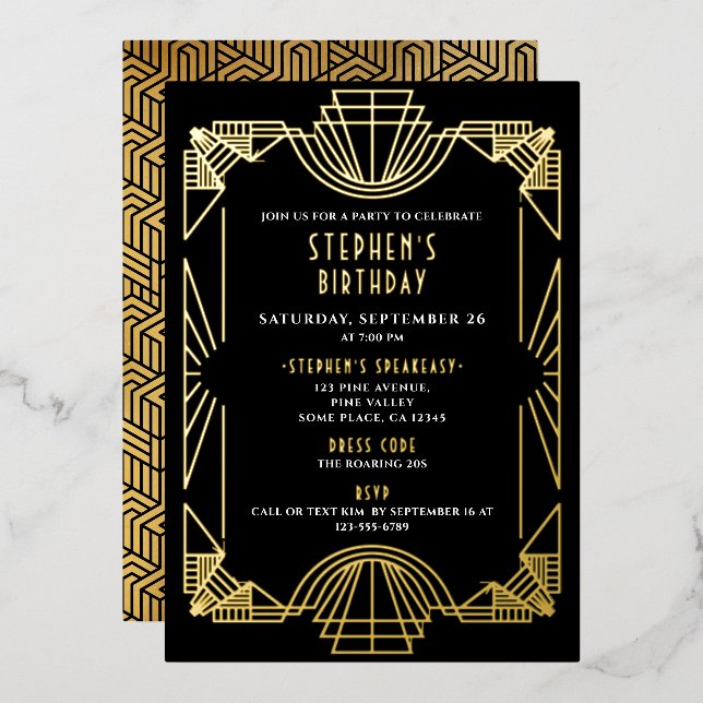 Real Gold Foil Gatsby Roaring 20s Birthday Party (Front/Back)